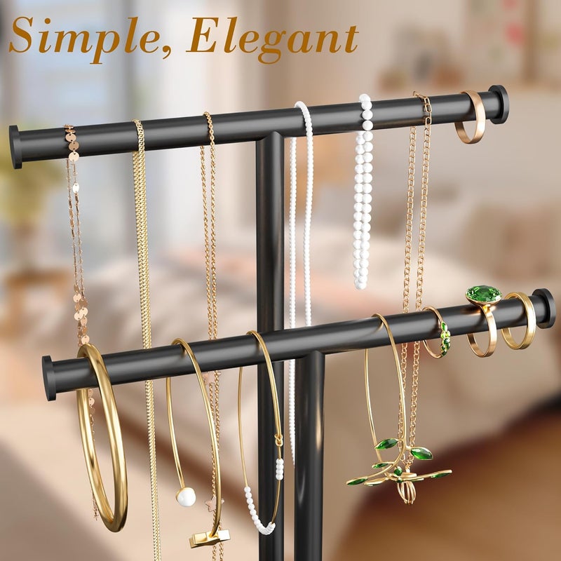 Jasopaco Necklace Rack Stand with Storage Tray - 2 Rods T-Shaped Jewelry Holder Stand for Bracelets, Earrings, Rings | Elegant Vanity & Dresser Top Storage for Women, Black. - Image 3
